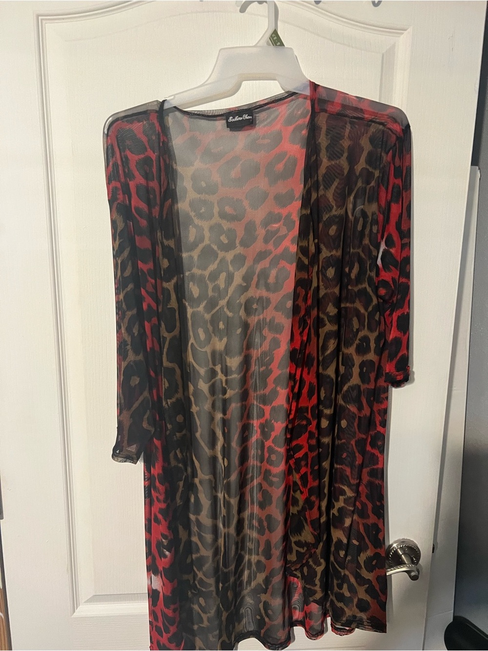 Sheer Leopard Print Duster Kimono - Red & Brown